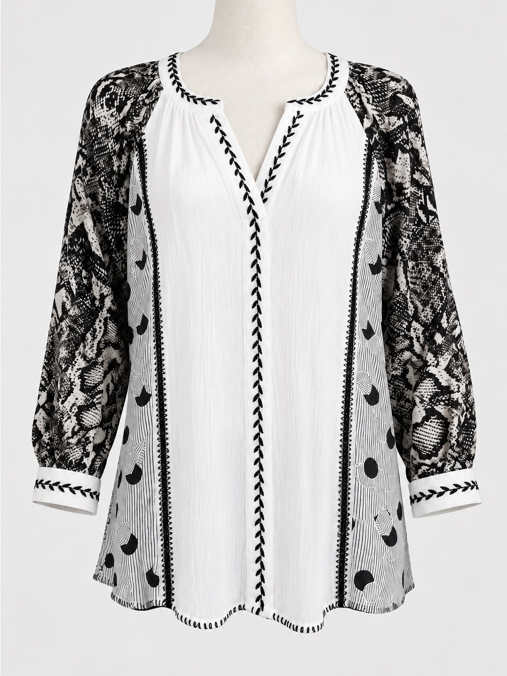 John Mark L Mixed Print Tunic Blouse Snake Print Embroidered Rayon Boutique